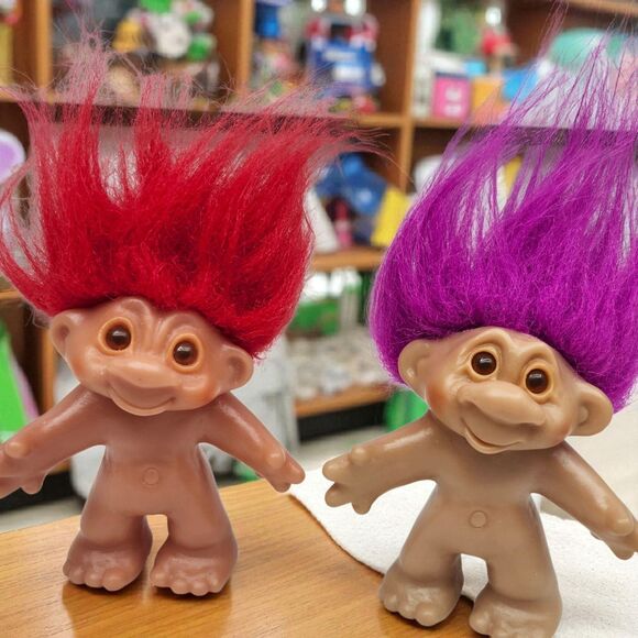 Troll Dolls Vintage 1986 DAM 5" Set of 2 Red Purple Hair Toys Collectibles - Picture 1 of 6